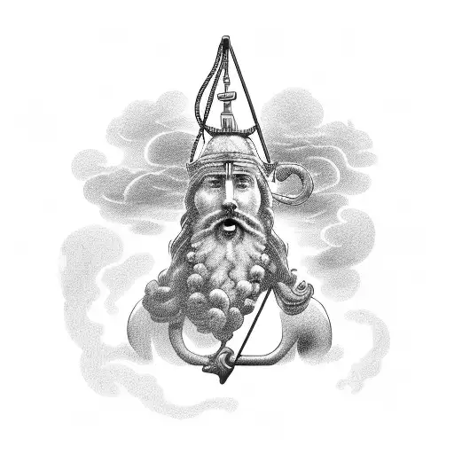 God Neptune with a gallows in his hand sitting on a dolphin in the stormy sea  tattoo design idea