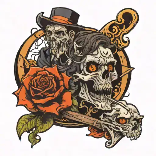 A dark and twisted scene of a murder taking place in a neotraditional style tattoo design idea