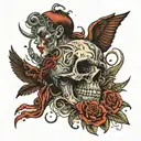 A dark and twisted scene of a murder taking place in a neotraditional style tattoo design idea