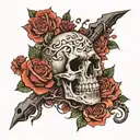 A dark and twisted scene of a murder taking place in a neotraditional style tattoo design idea