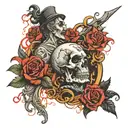 A dark and twisted scene of a murder taking place in a neotraditional style tattoo design idea