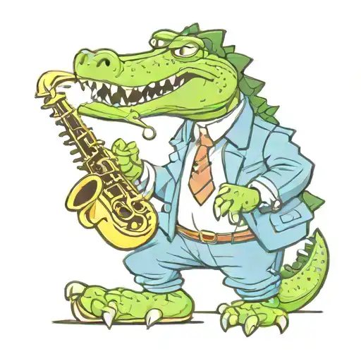 crocodile playing saxophone, wearing cool clothes  tattoo design idea