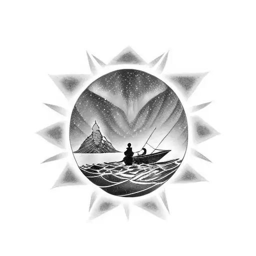 shadow of a fisherman with aurora borealis in the sky tattoo design idea