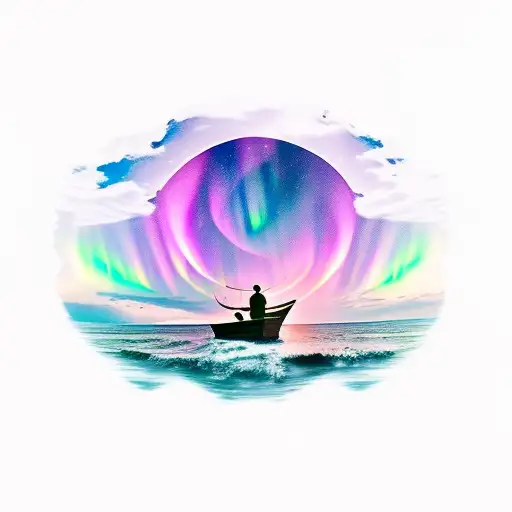 shadow of a fisherman with aurora borealis in the sky tattoo design idea