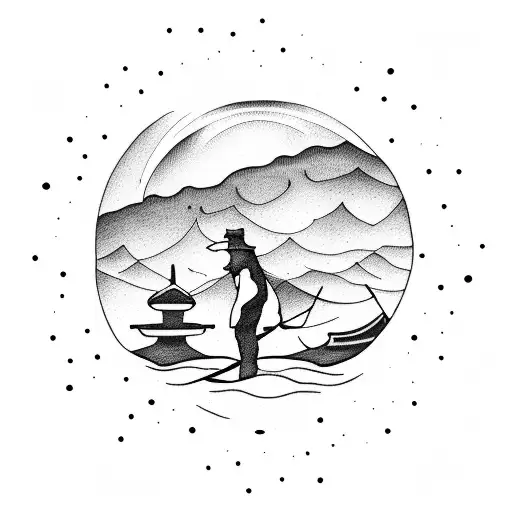 shadow of a fisherman with aurora borealis in the sky tattoo design idea