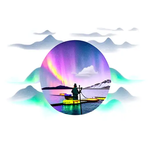 shadow of a fisherman with aurora borealis in the sky tattoo design idea