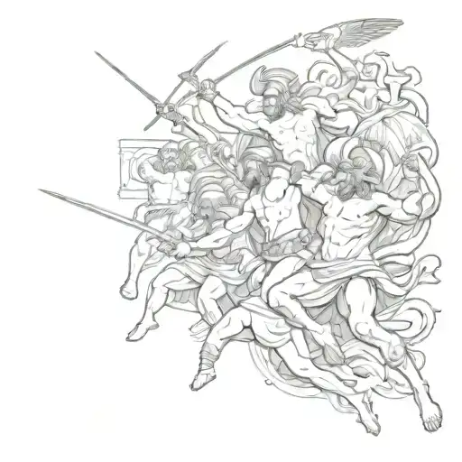 An epic battle scene featuring Greek soldiers fighting alongside the gods of Olympus against mythical creatures tattoo design idea