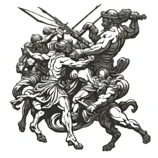 An epic battle scene featuring Greek soldiers fighting alongside the gods of Olympus against mythical creatures tattoo design idea
