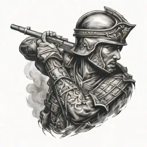 A detailed black and grey portrait of a soldier in combat, inspired by ancient Greek warfare tattoo design idea