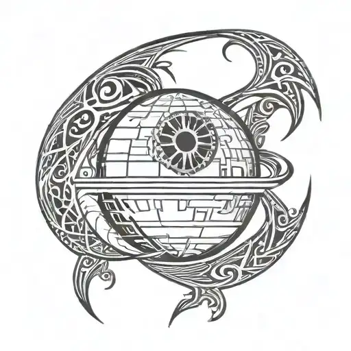 Death Star and tribal ribbons underneath  tattoo design idea