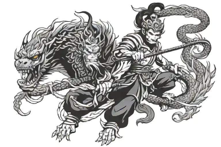 monkey king with two dragons tattoo design idea