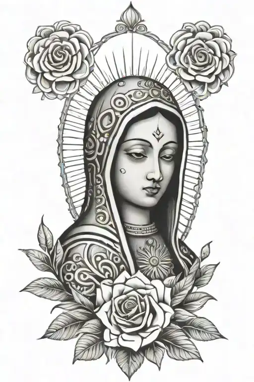 Virgin Guadalupe with sacred heart half sleeve tattoo design idea