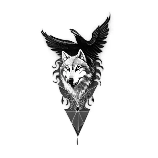 a wolf and a raven and a chinese dragon in background tattoo design idea