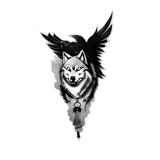 a wolf and a raven and a chinese dragon in background tattoo design idea