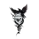 a wolf and a raven and a chinese dragon in background tattoo design idea