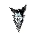 a wolf and a raven and a chinese dragon in background tattoo design idea
