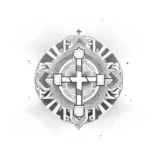 A cross surrounded by japanese blockchain code tattoo design idea