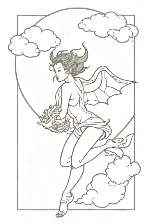 Japanese art style tattoo featuring clouds and a flying succubus. tattoo design idea