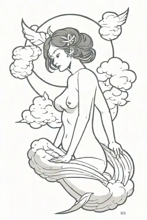 Japanese art style tattoo featuring clouds and a flying succubus. tattoo design idea