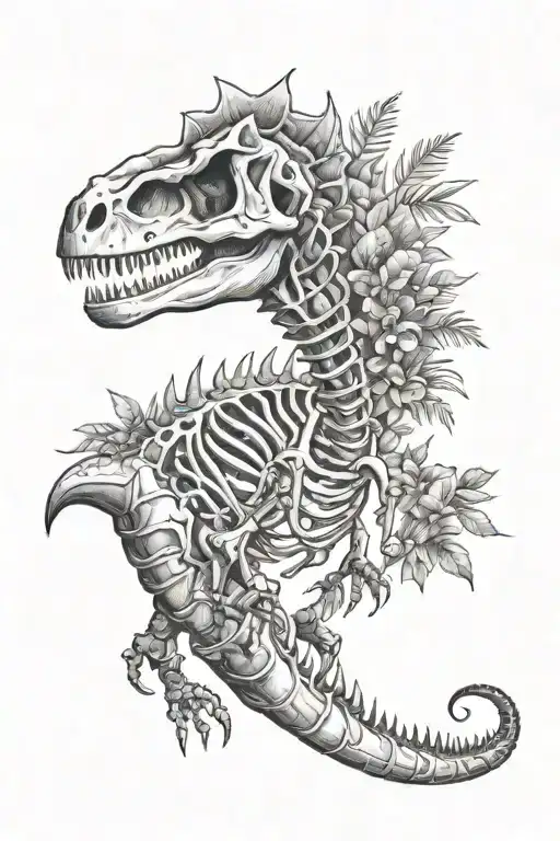 dinosaur skeleton with long tail and plants tattoo design idea
