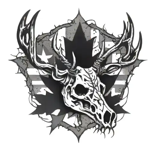 deer skull inside the Canadian flag wrapped with barbed wire tattoo design idea