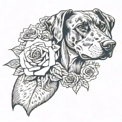 dog doberman , rose, revolver, strip tattoo design idea