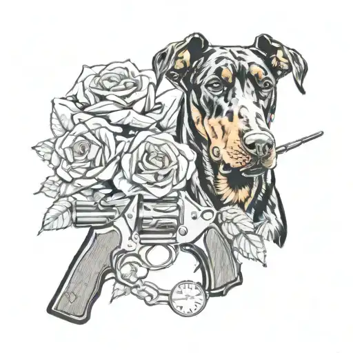 Doberman 3/4 o'clock, next to a revolver, the whole picture is against the background of three roses tattoo design idea
