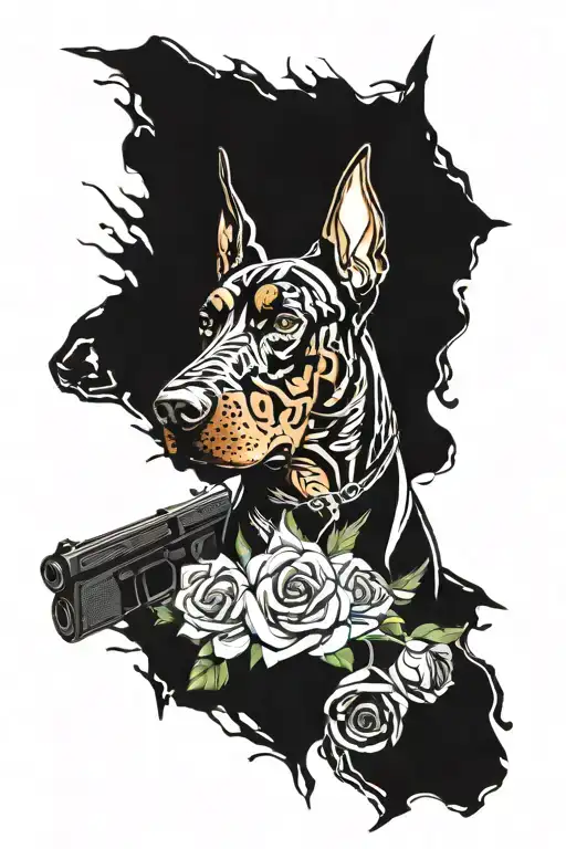 Doberman 3/4 is looking, there is a revolver next to him, the whole picture is against the background of three roses tattoo design idea