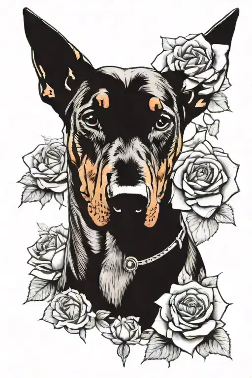 Doberman 3/4 is looking, there is a revolver next to him, the whole picture is against the background of three roses tattoo design idea