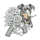 Doberman 3/4 o'clock, next to a revolver, the whole picture is against the background of three roses tattoo design idea