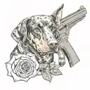 Doberman 3/4 o'clock, next to a revolver, the whole picture is against the background of three roses tattoo design idea