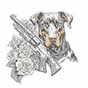 Doberman 3/4 o'clock, next to a revolver, the whole picture is against the background of three roses tattoo design idea