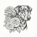 Doberman 3/4 o'clock, next to a revolver, the whole picture is against the background of three roses tattoo design idea