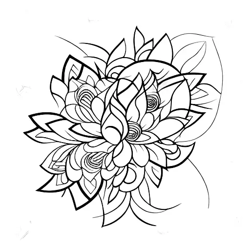 curved vertical LINE made of daisies, lotuses, Roses and leaves tattoo design idea