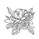 curved vertical path made of daisies, lotuses, Roses and leaves tattoo design idea