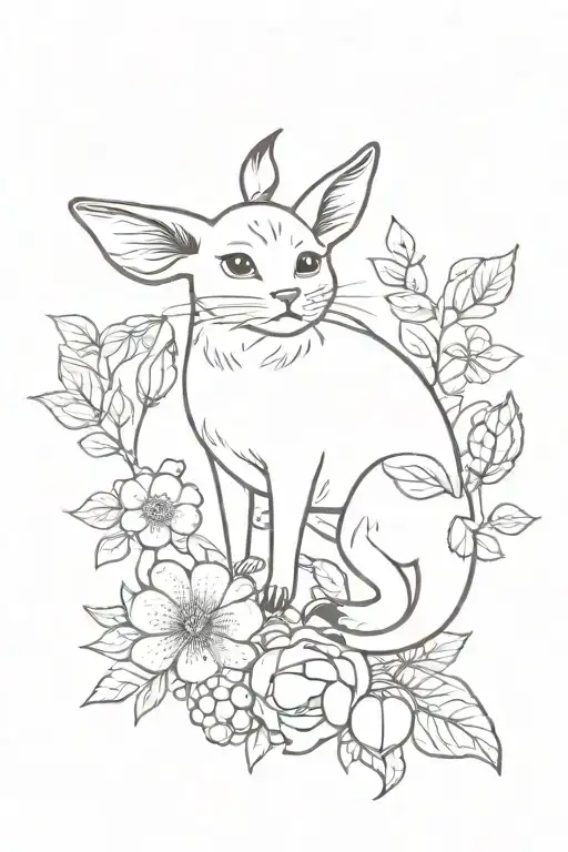 cute neo traditional tattoo with  a grey and white cat, goats, bees, pigs and berries tattoo design idea