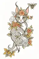 cute neo traditional tattoo with  a grey and white cat, goats, bees, pigs and berries tattoo design idea