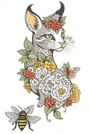 cute neo traditional tattoo with  a grey and white cat, goats, bees, pigs and berries tattoo design idea