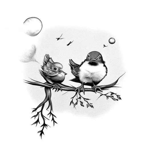 two baby birds in a tree with two baby birds flying around the tree tattoo design idea