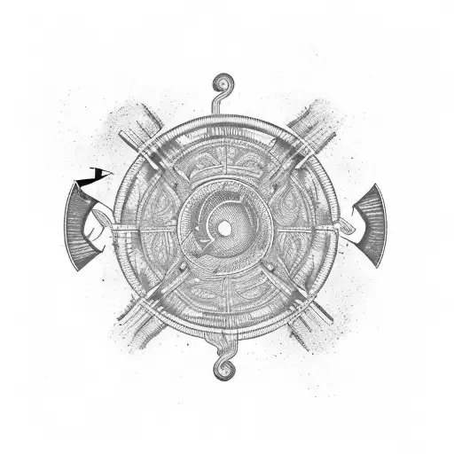 An electrician's tools arranged in the shape of a viking ship sailing on a river tattoo design idea