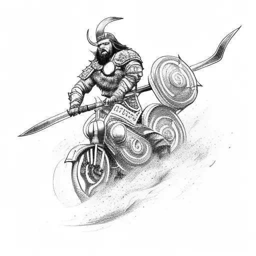 A fierce Viking warrior riding a motorcycle across a battlefield, with lightning striking in the sky tattoo design idea