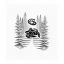 A motorcycle speeding through a forest with a trail of musical notes behind it tattoo design idea