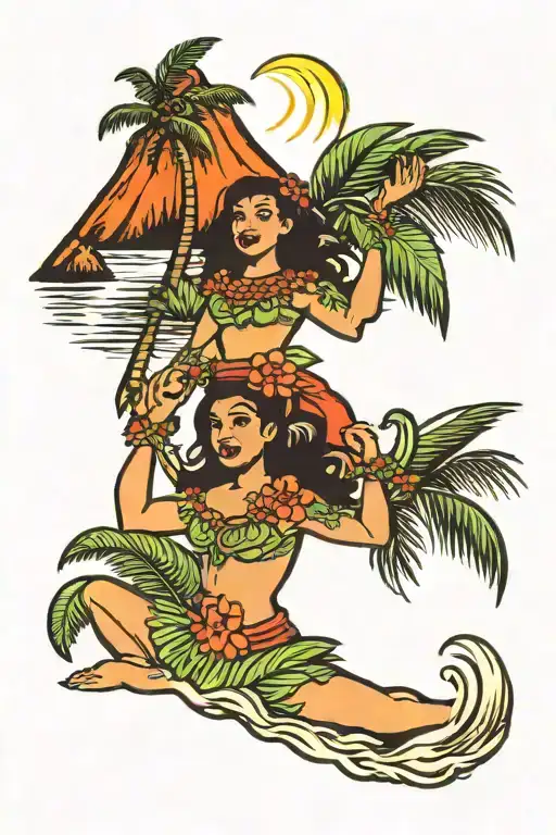 hula girl volcano palm tree tattoo design idea