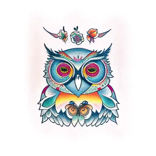 buho con alas abiertas y flores de fondo tattoo design idea