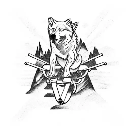 A wolf jumping over a barbell with weights shaped like mountains tattoo design idea