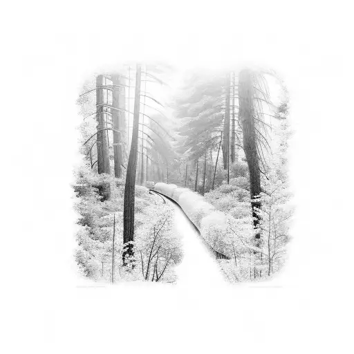train through forest by the beach tattoo design idea