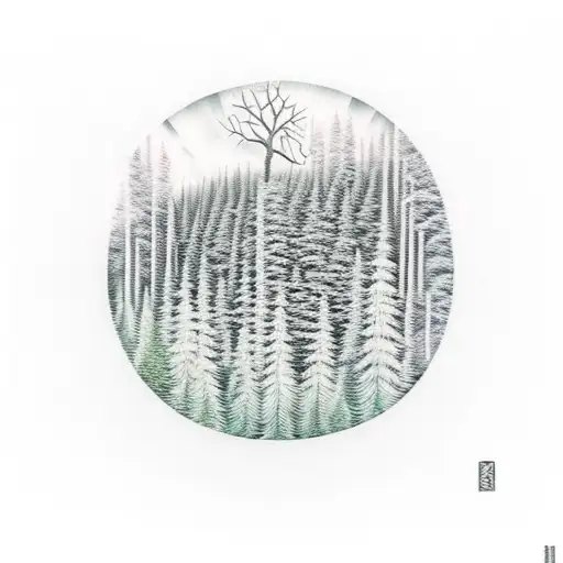 train going through forest next to ocean tattoo design idea