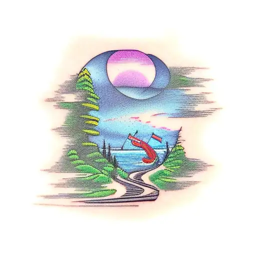 train through forest next to ocean tattoo design idea