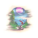 train through forest next to ocean tattoo design idea