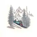 train through forest next to ocean tattoo design idea